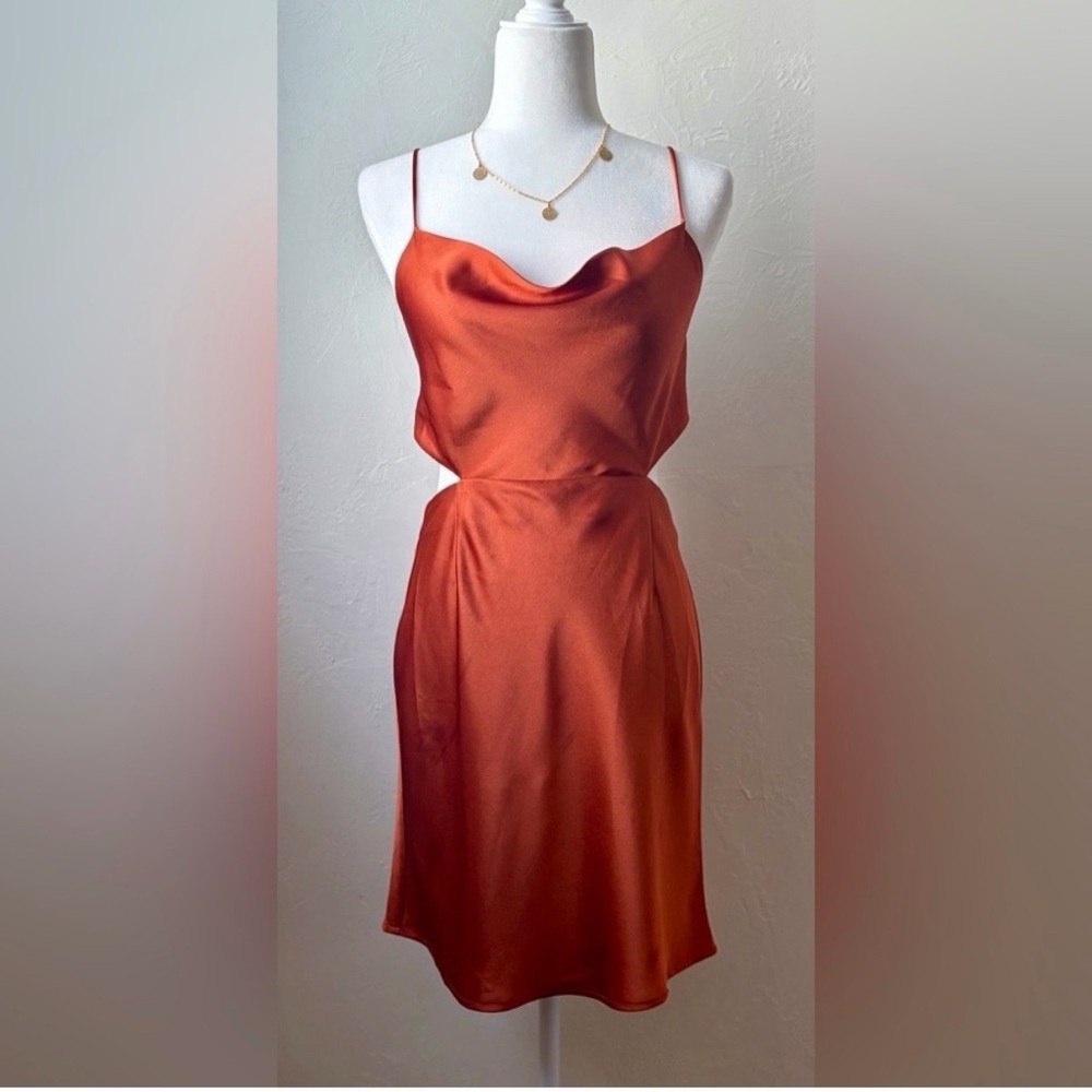 Acoa Satin Burnt Orange Cowl Neck Mini Dress Open Back Size M